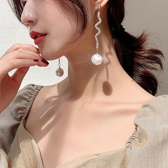 LARGE! 925 Silver Crystal Gold Pearl Stud Earrings - Picture 3 of 9